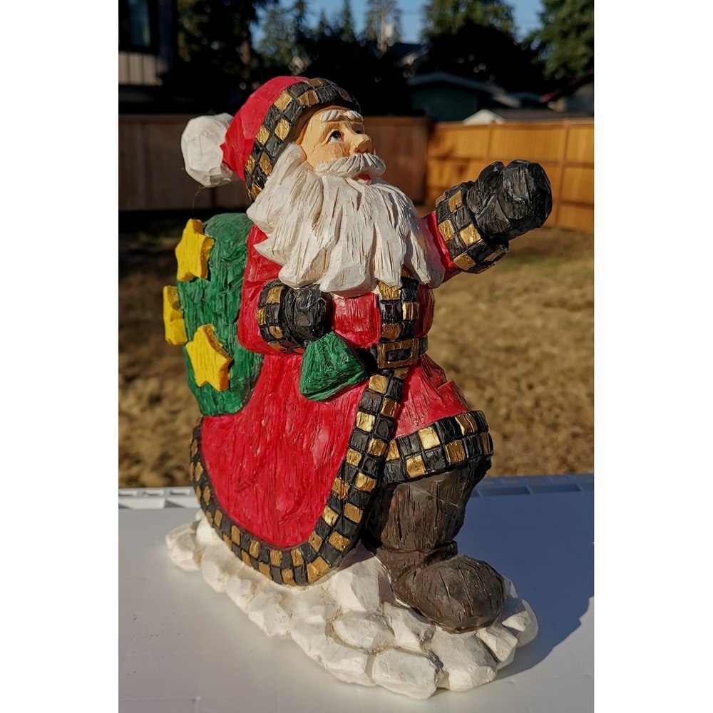 Wood-like Santa with Bag Figurine Holiday Seasonal H 11.5" In,